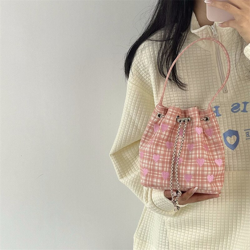 Antmvs Antmvs Pink Heart Embroidered Ladies Bucket Purse Handbags Fashion Love Women Messenger Bag Drawstring Female Girls Small Shoulder Bags