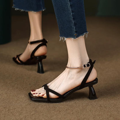 Antmvs Sandals for Women High Heel Summer Thin Ankle Straps Mental Buckle Strap Lady Sandals Elegant Fashion Concise Female Shoes