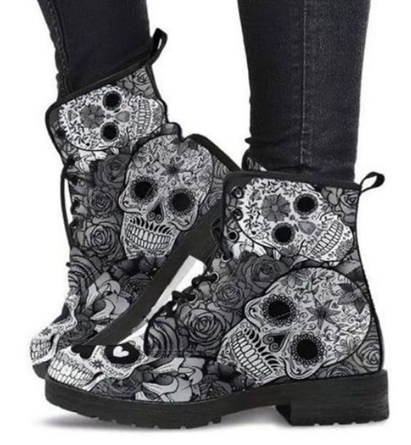 antmvs Skull Flower Print High-Top Boots Women Boot Autumn Winter Fashion Women Tooling Ankle Boots Women Boots Women Botas Mujer