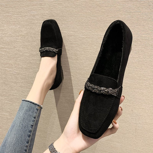 Antmvs Autumn Winter Women Loafers Low Heels Boat Shoes Square Toe Dress Shoes Chain Faux Suede Plush Warm Ladies Shoes