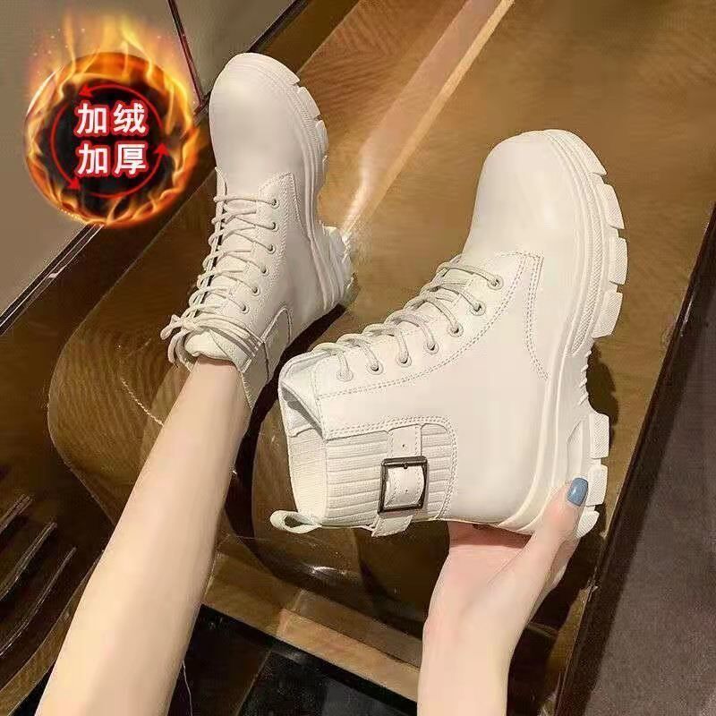 Antmvs New Women White Ankle Boot PU Leather Thick Sole Lace Up Combat Booties Female Autumn Winter Platform Shoes Rubber Cowboy Boots