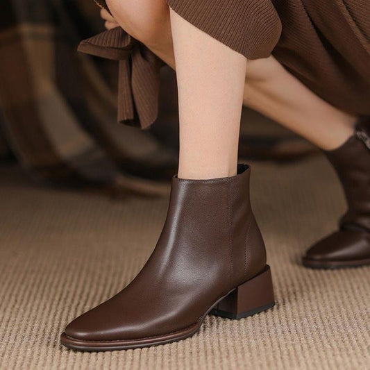 Antmvs Women's Ankle Boots Autumn Chelsea Leather Casual Med Heels Pointed Ladies Shoe Elegant Retro Females Shoes Soft Fashion