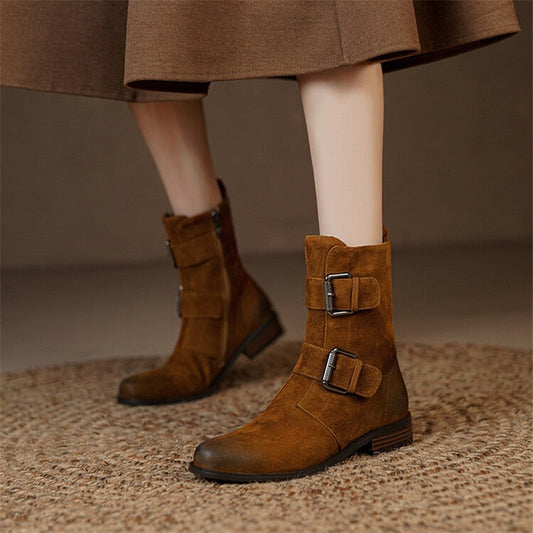 Antmvs  Autumn Winter Round Toe Women Boots Chunky Heel Shoes For Women Short Boots Belt Buckle Low Heels Sheep Suede Knight Boots