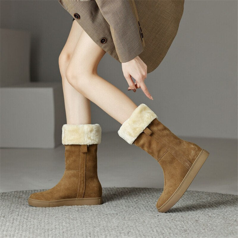 Antmvs  New Winter Warm Mid-Calf Boots Fashion Boots Women Shoes Round Toe Boots Casual Wool Boots For Women Flat Shoes Women