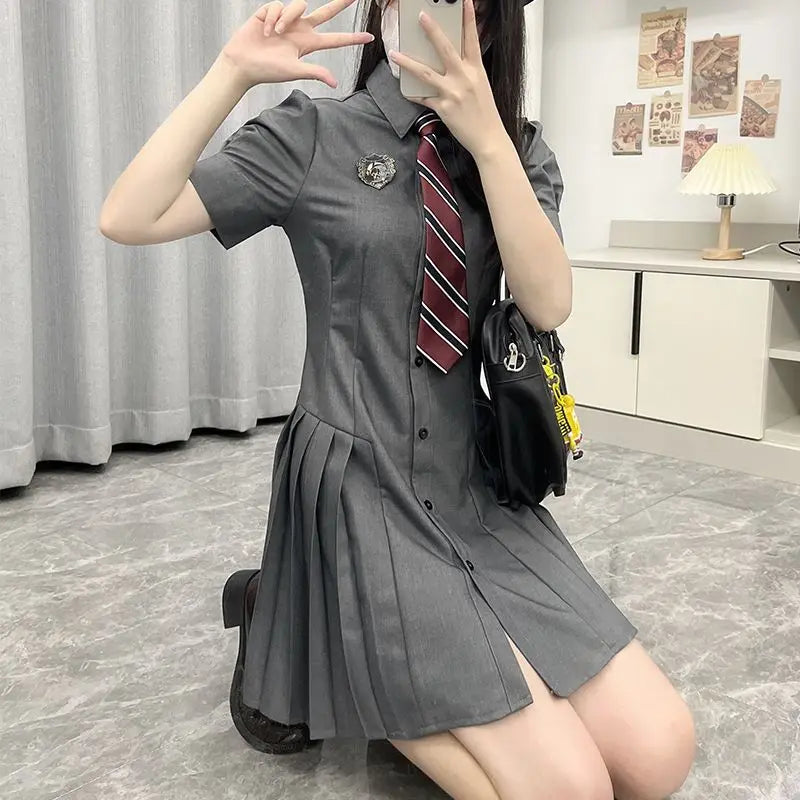 Antmvs  -  Women Dress Sweet Original JK Uniform Mini Dresses Gray Slim  Preppy Pleated Short Skirts Summer Female Trendy Clothes