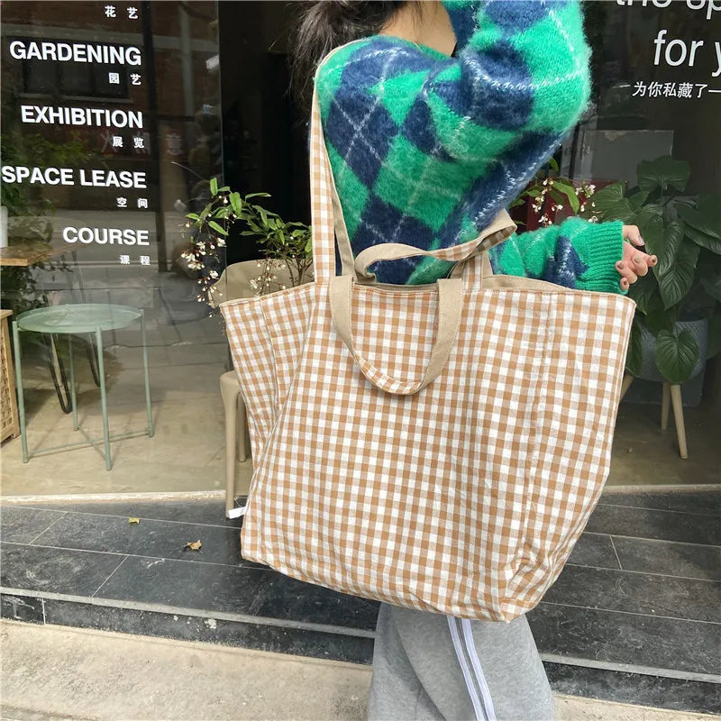 Antmvs Antmvs - 1 pc double-sided Plaid Shopping Bag Reusable 6 Colors large Canvas Shoulder Bag Lady Student Book Handbags Grocery Tote Bag