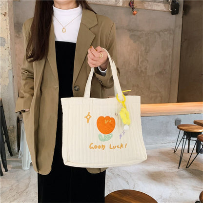 Antmvs Antmvs Flower Design Tulip Embroidery Handheld Tote Bag Students In Class Canvas Bag Simple Shopping Bag Handbag