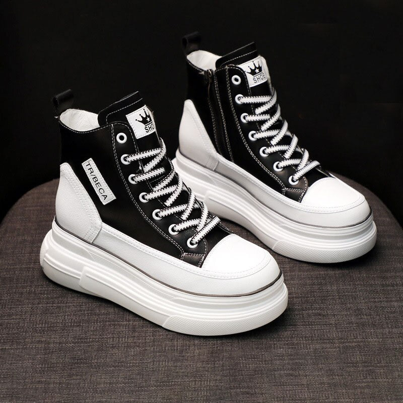 antmvs  7Cm Platform Wedge Sneakers Hidden Heel High Top Genuine Leather Women Casual Shoes Sneakers Za Fashion Casual Boots White