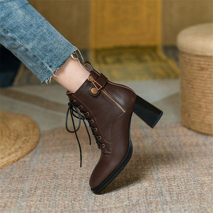 Antmvs  Autumn Winter Genuine Leather Women Boots Square Toe Lace-Up Women Shoes Chunky Heels Shoes For Women Side Zipper High Heel