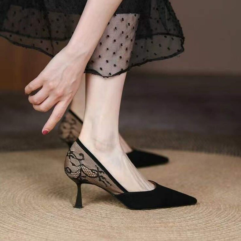 Antmvs Lace Women's Stiletto Retro Pointed Splicing Thin Heel Ladies Pumps New   Fashion Shallow Mouth Female Single Shoes