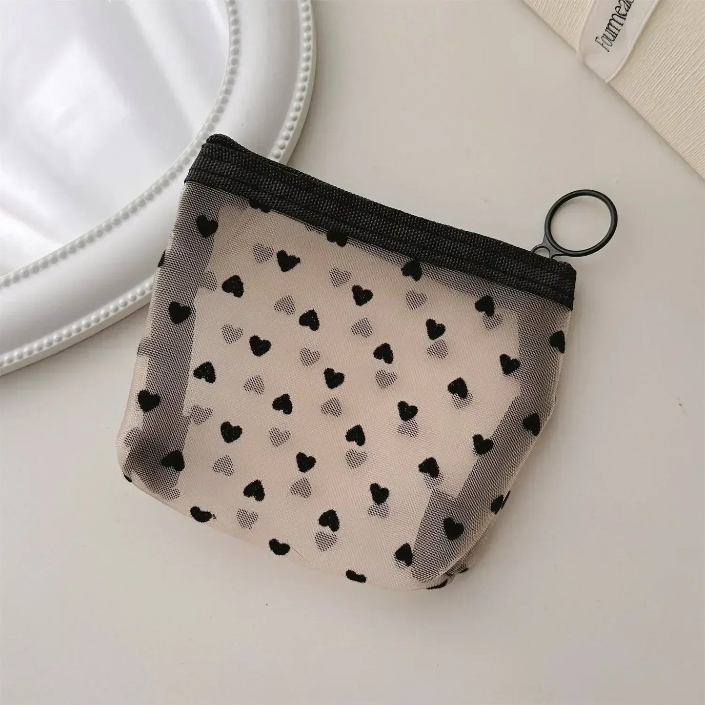 Antmvs Antmvs - Mesh Cosmetic Makeup Bags Case Holder Cute Transparent Zipper Black Heart Printed Pencil Pen Case Pouch Convenient To Carry