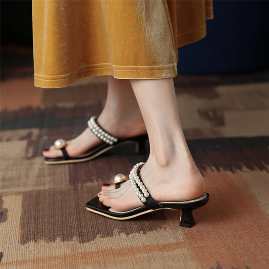 Antmvs New Summer Women Sandals Pearl Beads Square Toe Stiletto Heel Females Slippers Fashion High Quality Simplicity Breathable mules