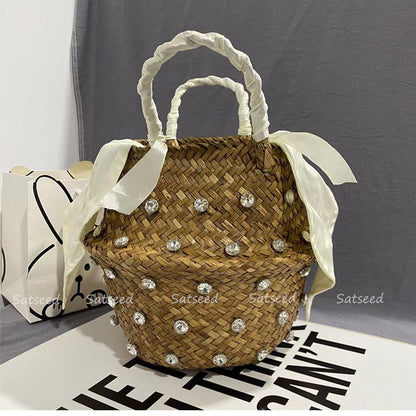 Antmvs Antmvs Handmade Sewing Holiday Fashion Crystal Woven Basket Diamond Tote Luxury Beach Resort Retro Handbag Bag Women Design Straw