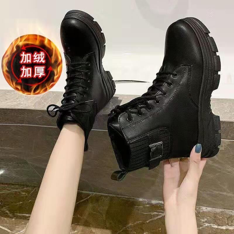 Antmvs New Women White Ankle Boot PU Leather Thick Sole Lace Up Combat Booties Female Autumn Winter Platform Shoes Rubber Cowboy Boots