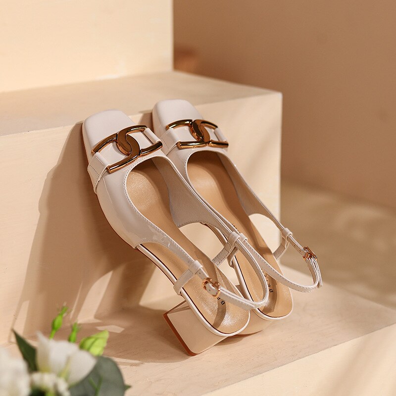 Antmvs Sheepskin Women's Sandals Patent Leather Metal Buckle Female Single Shoes Classic Thick Middle Heel Square Head Ladies Pump