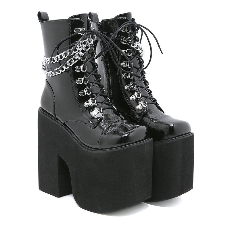 antmvs  Winter Platform Boots Women's Square Toe Chunky Heel Platform Chain Front Lace-Up Short Boots Calcados Feminino Confortavel