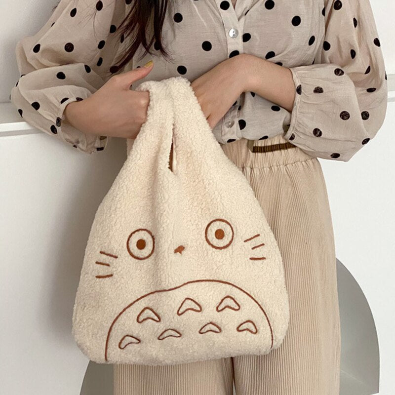 Antmvs Antmvs Cartoon Totoro Embroidery Lamb Fabric Handbag for Women Girls Japan INS Shoulder Bag Tote Bag Soft Fur Shopper Bag Dropshipping