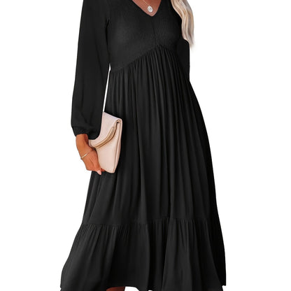 Antmvs Casual Solid Draped Midi Dress, Sexy Long Sleeve V-neck Loose Flowy Swing Babydoll Dresses, Women's Clothing