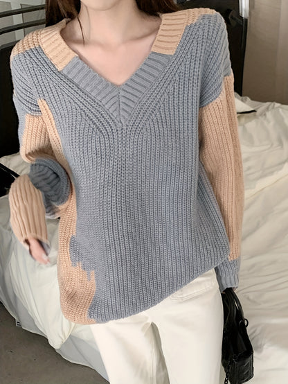 Antmvs Color Block Knitted Pullover Sweater, Casual Long Sleeve Sweater For Fall & Winter, Women's Clothing