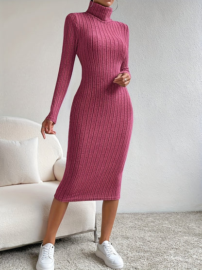 Antmvs Solid Ribbed Knit Long Sleeve Dress, Casual Turtle Neck Slim Dress For Fall & Winter, Women's Clothing
