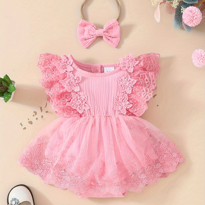 Baby's Lace Flower Embroidered Mesh Muslin Dress, Solid Color Lovely Sleeveless Dress, Infant & Toddler Girl's Clothing For Summer