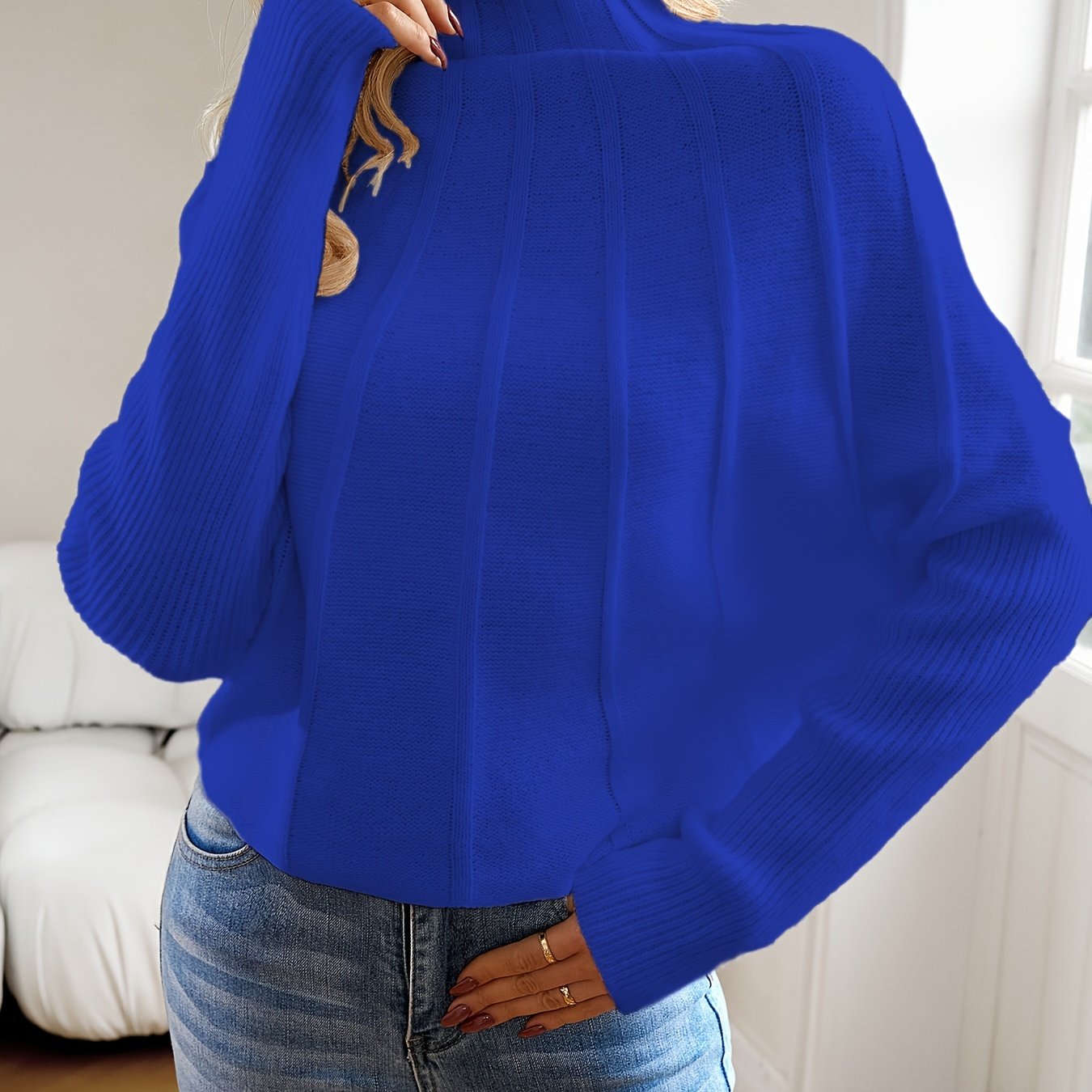 Antmvs Mock Neck Batwing Sleeve Sweater, Elegant Solid Loose Sweater For Fall & Winter, Women's Clothing