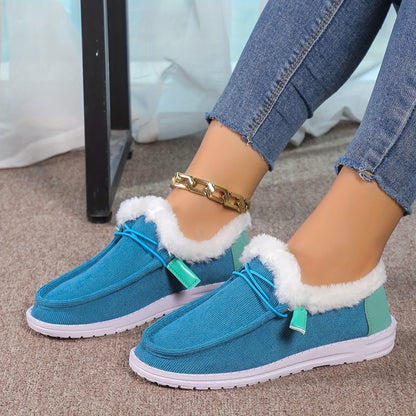 Women's Splicing Fluffy Loafers, Winter Warm Round Toe Slip On Flat Shoes, Cozy Low Top Snow Boots