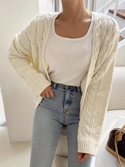 Antmvs Solid Cable Surplice Neck Cardigan, Vintage Long Sleeve Drop Shoulder Outwear, Women's Clothing