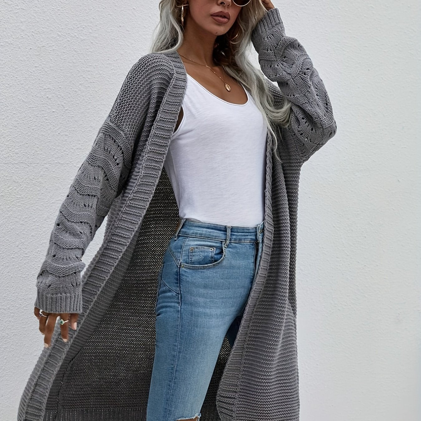 Antmvs Solid Open Front Mid Length Cardigan, Casual Long Sleeve Sweater For Spring & Fall, Women's Clothing