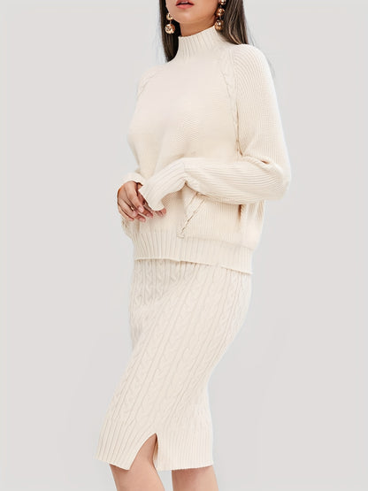 Antmvs Solid Knitted Sweater Two-piece Set, High Collar Long Sleeve Warm Tops & Elastic Midi Skirts Set, Women's Clothing