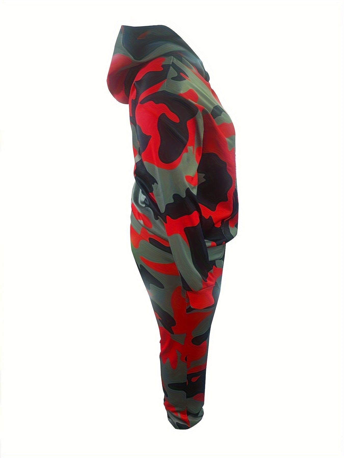 Plus Size Camo Print Hooded Tracksuit Set - Soft Slight Stretch Polyester Fabric, Long Sleeve, Front Pocket, Machine Washable, Random Printing - Womens Activewear for Running, Jogging, and Fitness