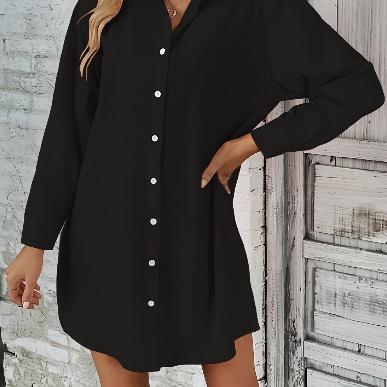 Antmvs Button Front Shirt Dress, Casual Solid Long Sleeve Dress, Women's Clothing