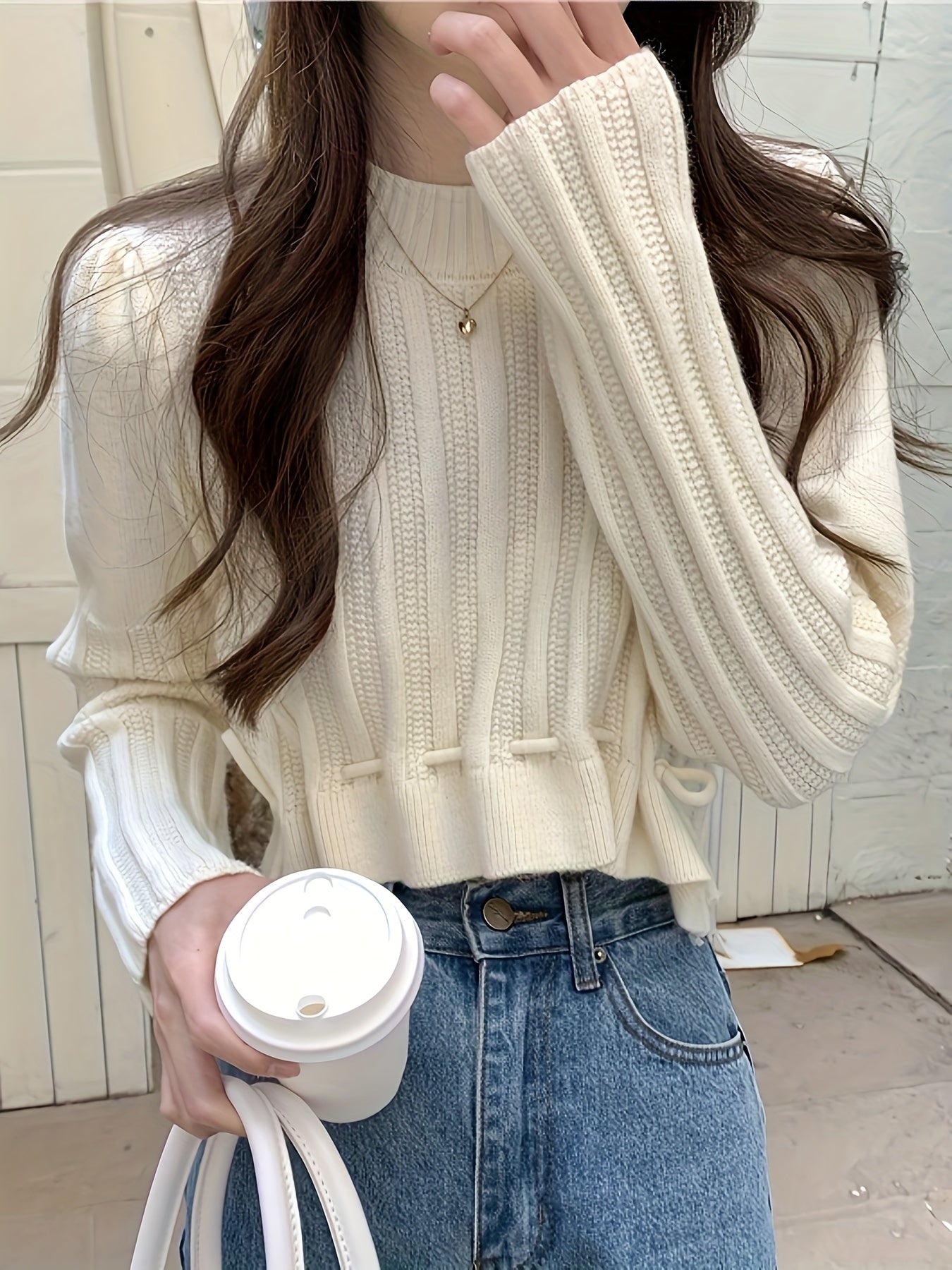 Antmvs Solid Drawstring Hem Crop Sweater, Casual Mock Neck Long Sleeve Sweater For Fall & Winter, Women's Clothing