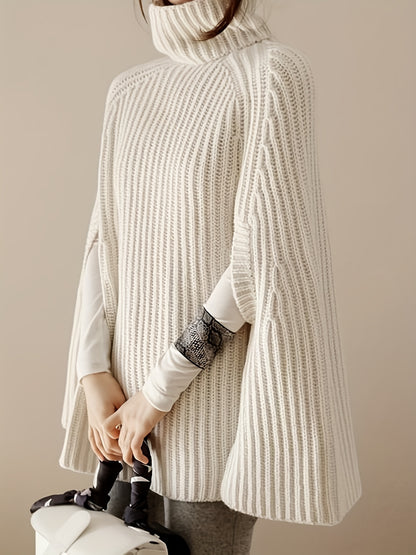 Antmvs Cape Sleeve Turtle Neck Sweater, Elegant Ribbed Knit Sweater For Fall & Winter, Women's Clothing