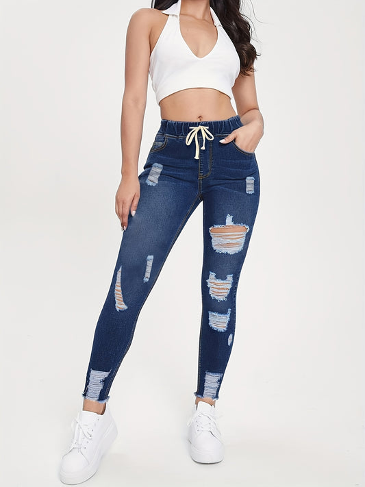 Antmvs Raw Hem Ripped Mom Jeans, Elastic Waistband Distressed Slash Pockets Denim Pants, Women's Denim Jeans & Clothing