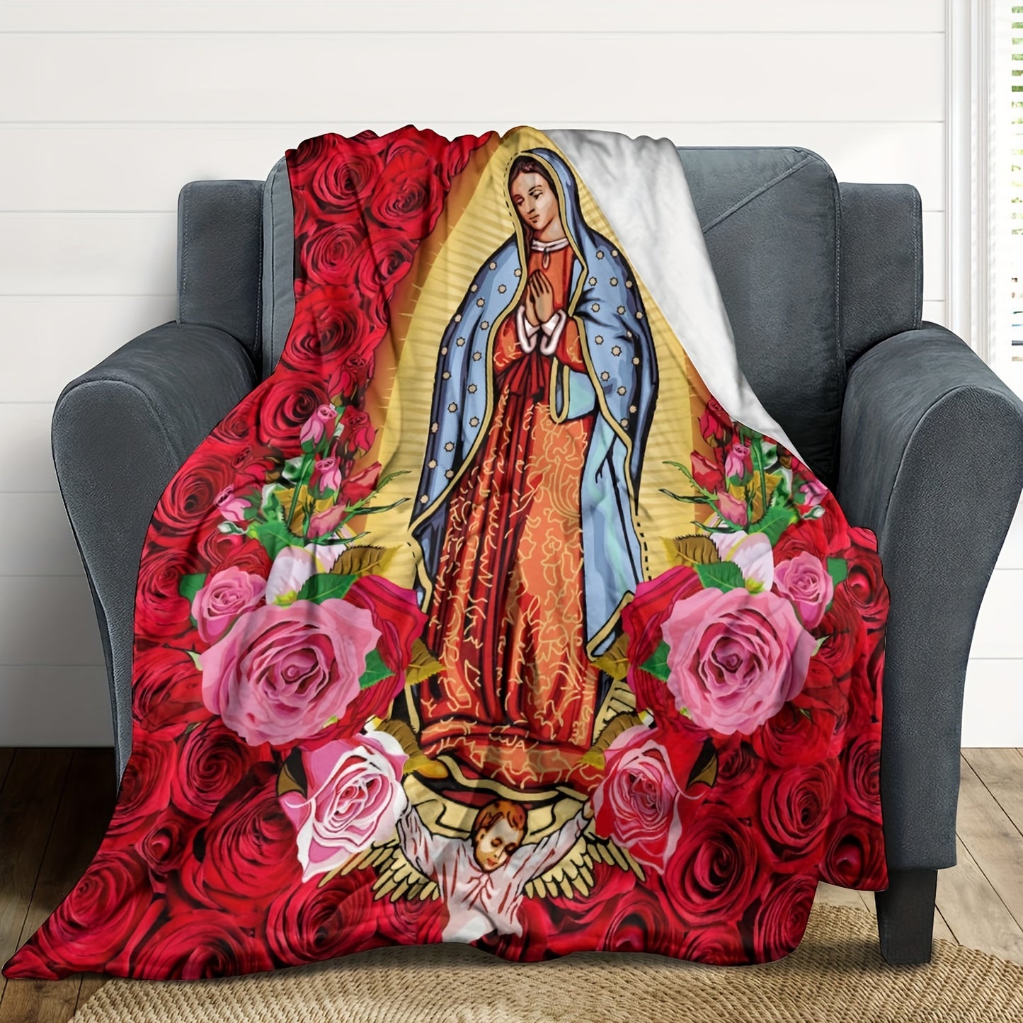 1pc Virgin Mary Our Lady Of Guadalupe Blanket Super Soft Flannel Warm Blankets Throw Blanket For Bed Sofa Bedrooms Travel Camping, 270gsm