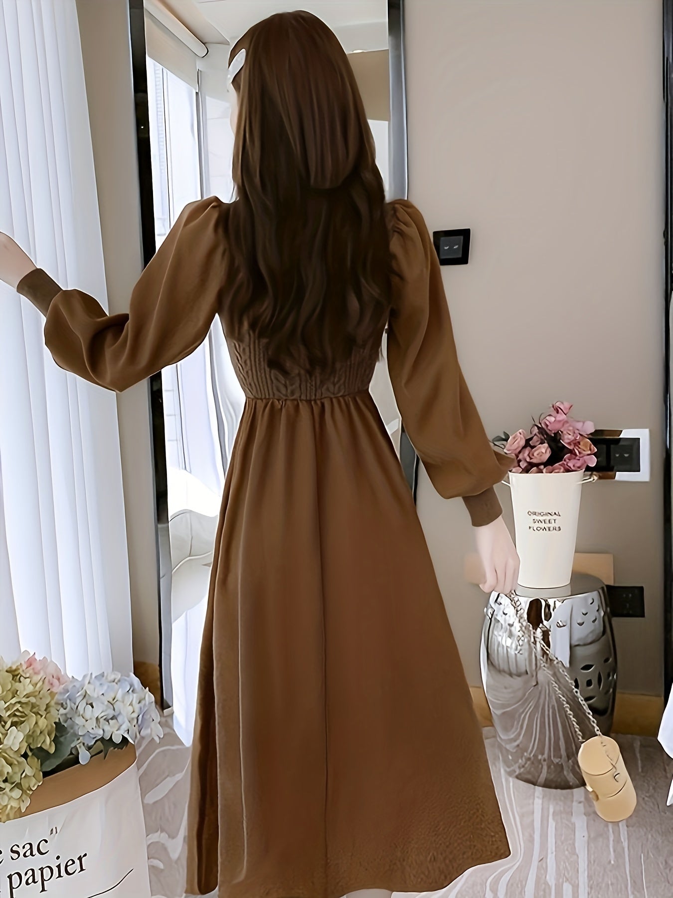 Antmvs Crew Neck Knitted Maxi Dress, Elegant Solid Color Button Long Sleeve Sweater A-line Dress For Fall & Winter, Women's Clothing