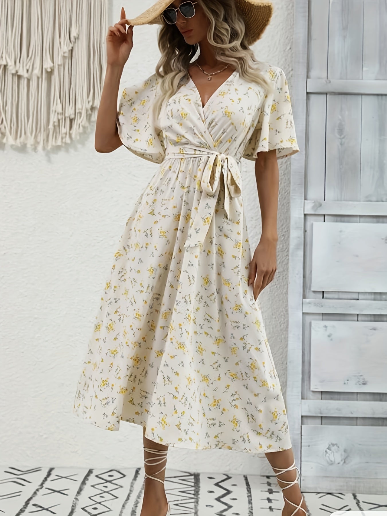 Antmvs Flutter Sleeve V Neck Belted Dress, Floral Print Short Sleeve Vacation Casual Dress For Summer & Spring, Women's Clothing