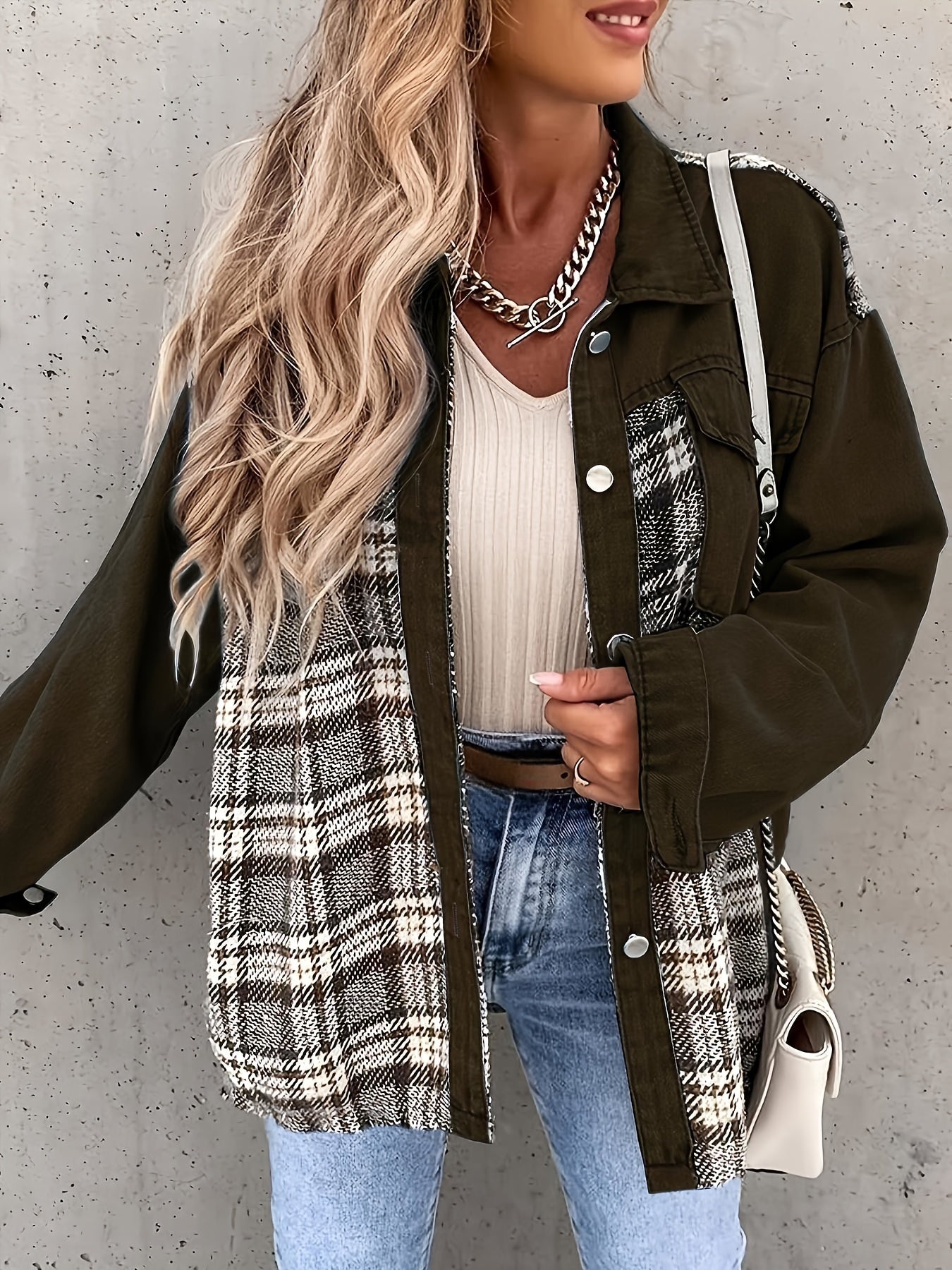 Antmvs Plaid Print Splicing Jacket, Casual Button Front Long Sleeve Outerwear, Women's Clothing