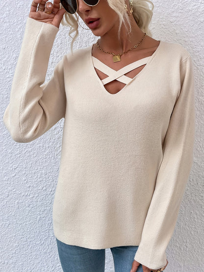 Antmvs Cross V Neck Pullover Sweater, Casual Long Sleeve Solid Sweater, Women's Clothing