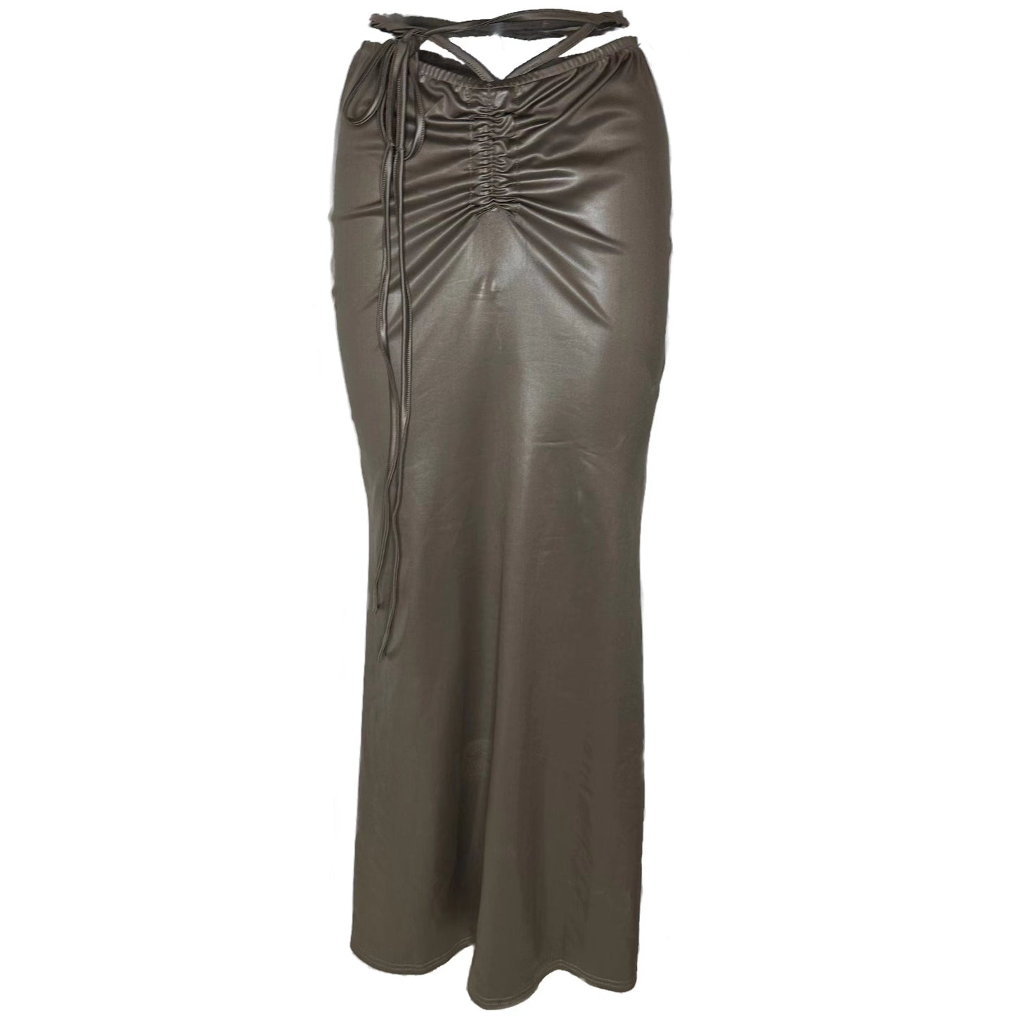 Antmvs SYNEZ Solid Color Metallic Slim Cropped Top + Drawstring Tie Up Fishtail Long Skirt Matching Set