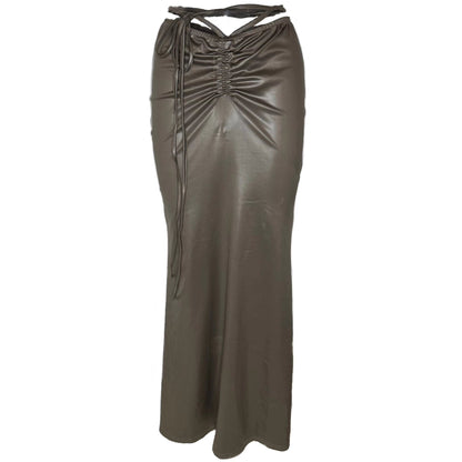 Antmvs SYNEZ Solid Color Metallic Slim Cropped Top + Drawstring Tie Up Fishtail Long Skirt Matching Set