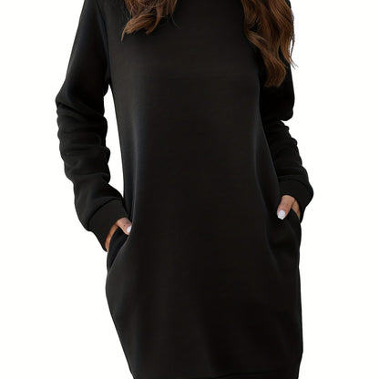 Antmvs Plus Size Long Sleeve Round Neck Tee Dress, Women's Plus Medium Stretch Elegant Tee Midi Dress