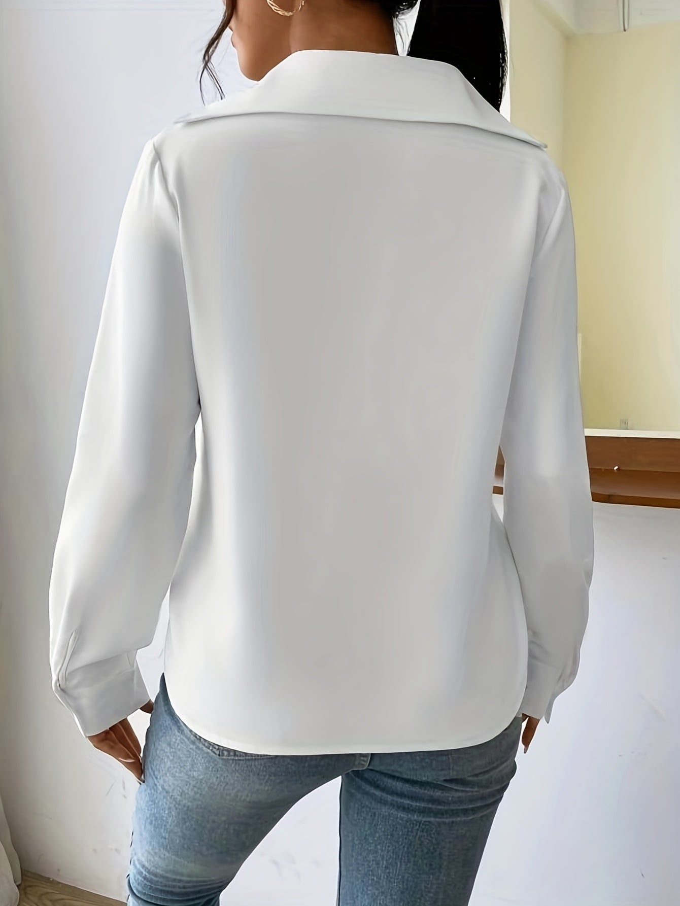 Antmvs Simple Solid Blouse, Casual V Neck Long Sleeve Versatile Blouse, Women's Clothing