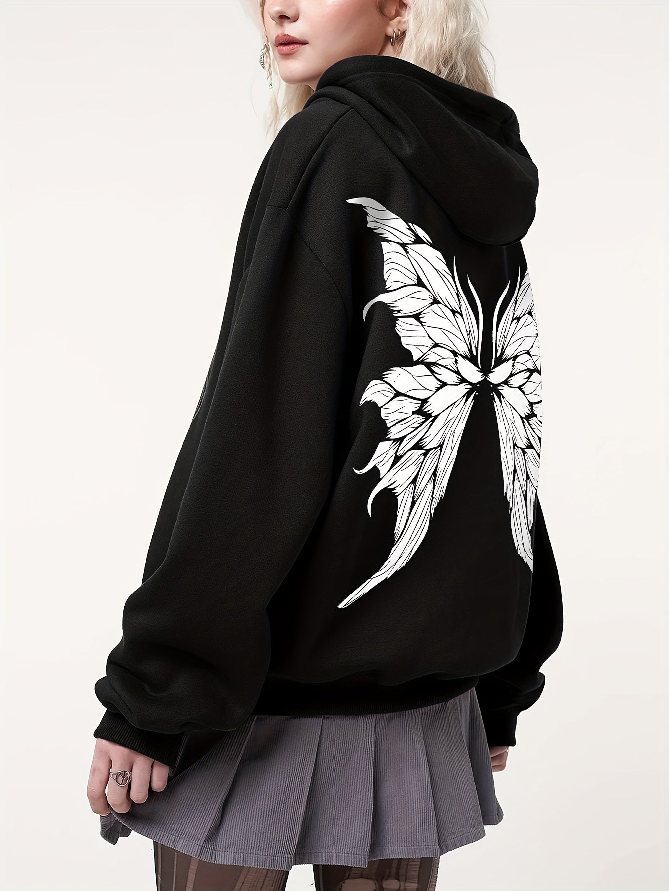 Antmvs Butterfly Print Zip Up Hoodie, Casual Long Sleeve Loose Sweatshirt, Women's Clothing