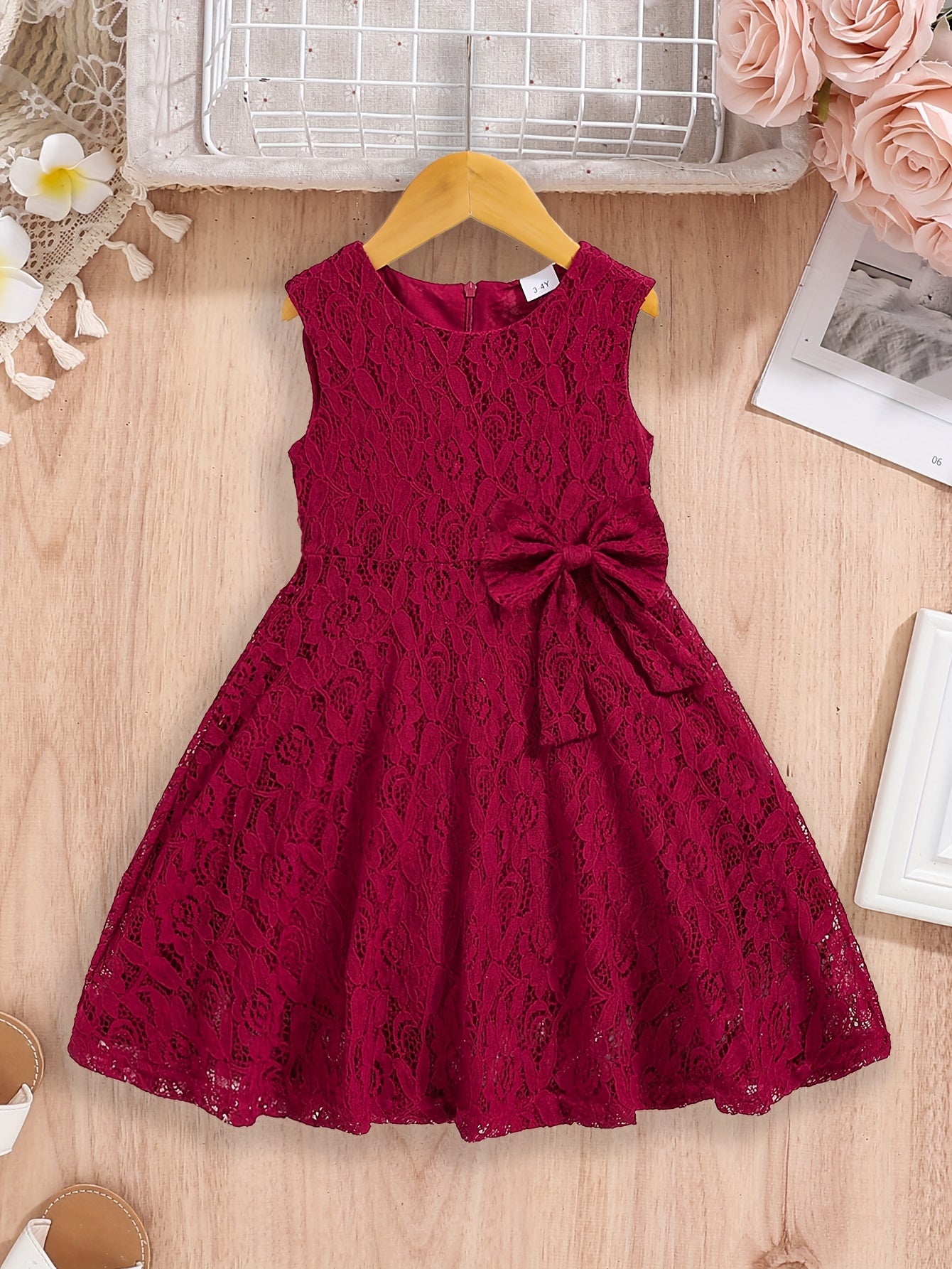 3-10 Years Old Girls Lovely Sleeveless Fit and Flare Lace Party Dress with Bowknot Front - Knee High, Non-Stretch, Solid Color, Casual Style for Summer