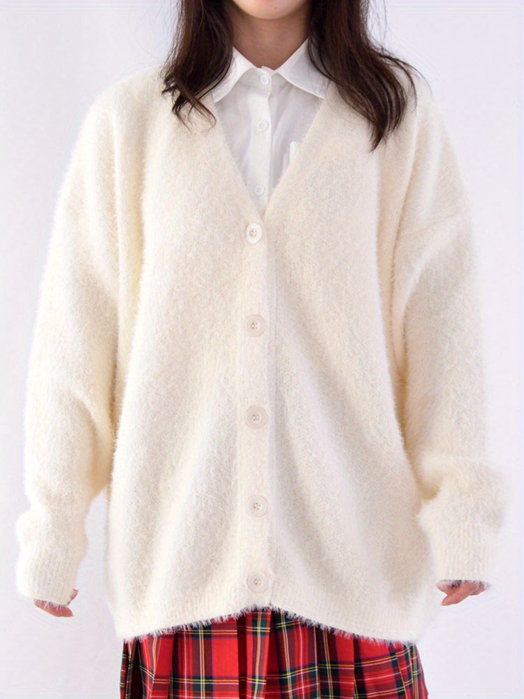 Antmvs Fuzzy Button Front Knit Cardigan, Casual V Neck Long Sleeve Solid Sweater, Women's Clothing