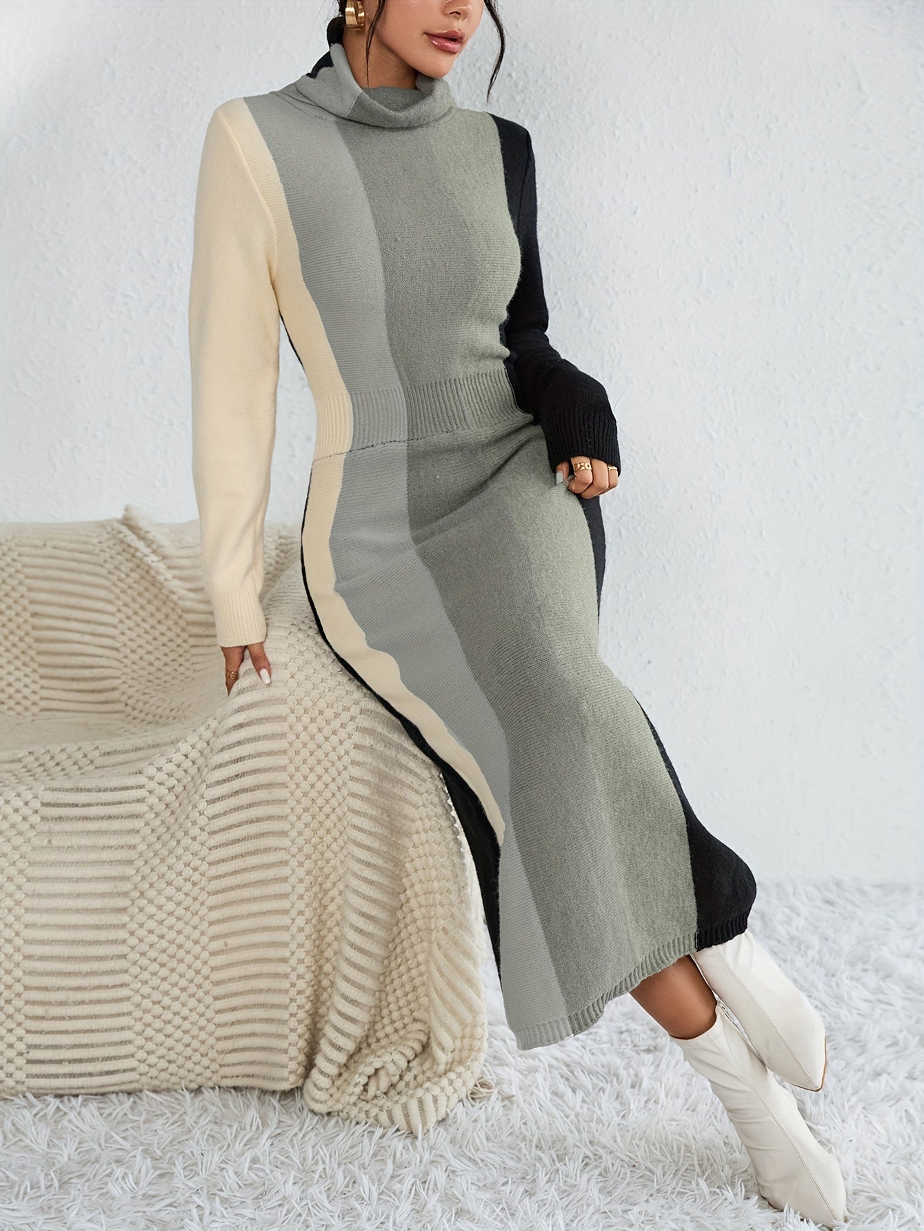 Antmvs Color Block Rib Knit Dress, Casual High Neck Long Sleeve Midi Dress, Women's Clothing