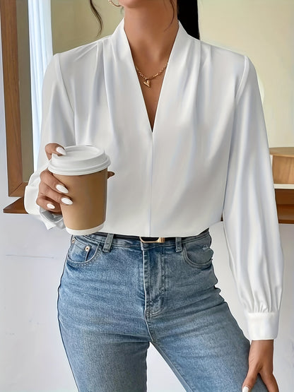Antmvs Solid V-neck Pleated Blouse, Elegant Long Sleeve Blouse For Office & Work, Women's Clothing