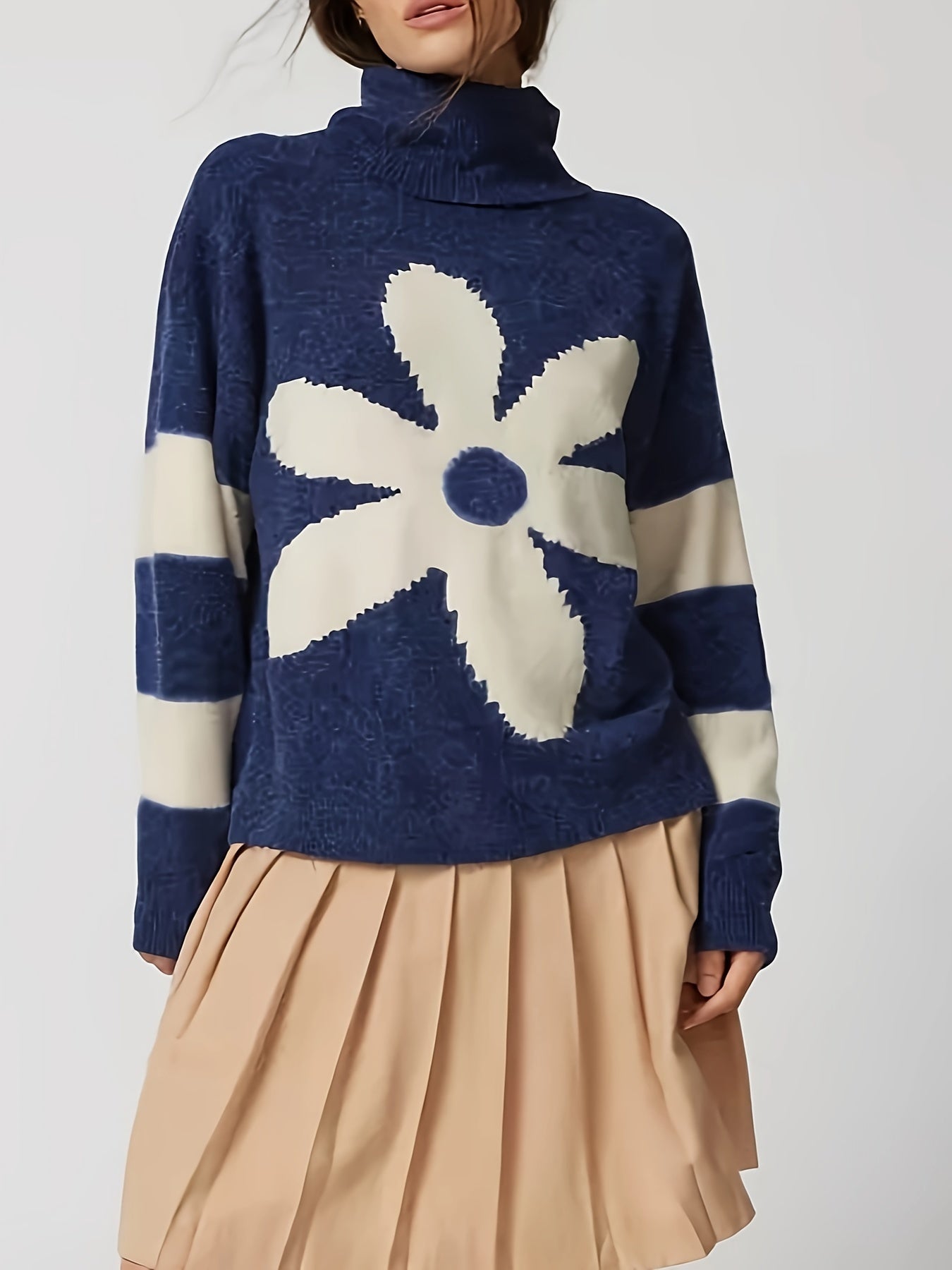 Antmvs Plus Size Casual Sweater, Women's Plus Floral & Stripe Print Long Sleeve Turtle Neck Jumper
